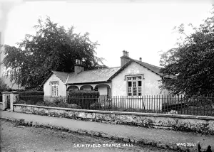 Prints of Saintfield Orange Hall - a front view of the hall from the road. (Location: Northern Ireland; County Down; Saintfield). Date: circa early 1900s Down Prints: Saintfield Orange Hall Print: Early 20th Century View