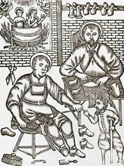 Two Saints make shoes being tempted by the devil. Engraving Two Saints make shoes being tempted by the devil. Engraving