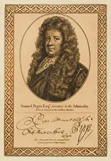 Prints of SAMUEL PEPYS statesman, secretary to the Admiralty, kept a diary. with his autograph Portrait Prints: Samuel Pepys Print, Engraving