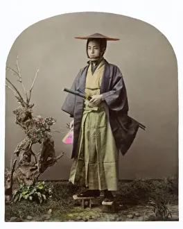Prints of Samurai warrior with sword, Japan. Date: circa 1890s Japanese Samurai Armor Prints: Japanese Samurai Warrior Print, circa 1890s