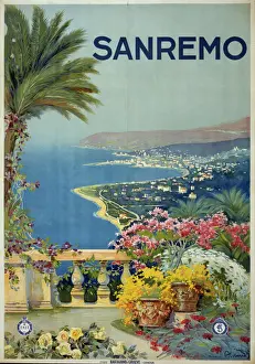 Prints of Sanremo. Poster showing the coastline of San Remo from a terrace. Date ca. 1920 Liguria Prints: Sanremo Print, Italian Coastline, circa 1920