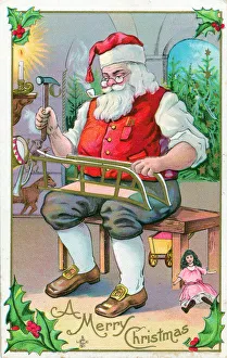 Santa Claus in his workshop on a Christmas postcard Santa Claus in his workshop on a Christmas postcard