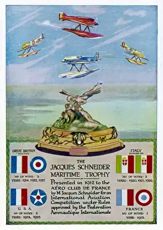 Prints of The Schneider Trophy, presented by French industrialist Jacques Schneider, himself a record- breaking balloonist; his aim, to encourage aviation. The cup is worth 67000 euros Industrialist Prints: The Schneider Trophy Print