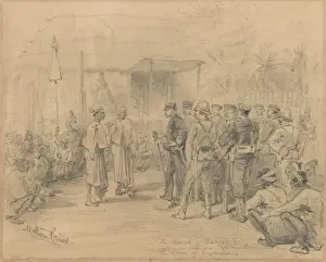 Prints of In search of Dacoits. Pencil sketch by Melton Prior, 1885 (c). Interview between Capt Woodward and a native chief. Associated with the 3rd Burma War. Date: circa 1855 Melton Prior Prints: In Search of Dacoits Print, Burma War Sketch, circa 1855