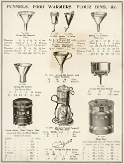 A selection of funnels, food warmers and flour bins A selection of funnels, food warmers and flour bins