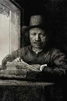 Amsterdam Rijksmuseum Collection Prints: Self-portrait etching at a window, 1648, by Rembrandt (1606
