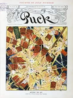 1907 Print: Exploding Firecrackers with Politician and Business Labels