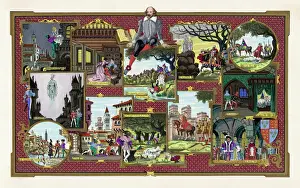Prints of The writer, with scenes from twelve of his plays -including a splendid ghost of Hamlets father William Shakespeare Prints: Print of Shakespeare Scenes with a Ghostly Figure
