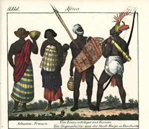 Shooa women with baby, Kanem spearman, and Bambara bowman Shooa women with baby, Kanem spearman, and Bambara bowman