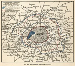 Prints of German map of the Siege of Paris Map Prints: 1870 German Print of the Siege of Paris Map