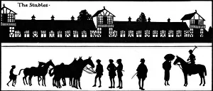 Silhouette of polo stables, horses and players Silhouette of polo stables, horses and players