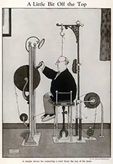 Prints of Contrary to the title of this picture, a complicated and convoluted machine to help a sufferer remove a wart from his head Heath Robinson Prints: A Complicated Wart Removal Device Print