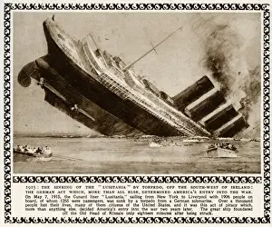 Prints of The sinking of the Cunard ocean liner RMS Lusitania on 7 May 1915, by torpedo off the south-west of Ireland Historical Event Prints: The Sinking of the Lusitania Print 1915