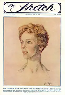 Prints of Portrait of pioneering American aviator, Amelia Earhart (1897 - 1937) by society portraitist Olive Snell on the front cover of The Sketch magazine. Date: 1928 Pioneer Prints: Amelia Earhart Print, The Sketch Magazine Cover 1928