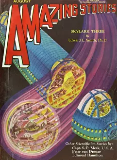 Prints of SKYLARK THREE (Dr Edward E Smith). The spaceship from Earth slices through the hostile craft from the planet Fenechrone Date: 1930 Related Image Prints: SKYLARK THREE Print, 1930: Intergalactic Space Battle Scene