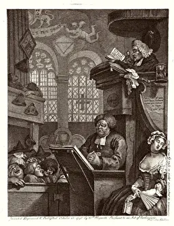 William Hogarth Prints: Print of a sleeping congregation listening to a preacher