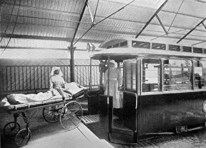 Prints of A smallpox patient arriving at Long Reach, near Dartford. Patients were transported by river ambulance from London then transferred to the hospital buildings via a tram. Date: circa 1900 Ambulance Prints: Smallpox Patient Arriving at Long Reach Print circa 1900