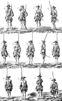 Prints of Military training step by step : An 18th century French soldier puts his sword back to his side, puts his musket on his left shoulder and kneels down. Date: Circa 1760 Drill Prints: 18th Century French Soldier Training Print, Circa 1760