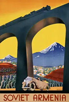 Prints of Tourism poster for Soviet Armenia, with a steam train passing over a viaduct and a motor car driving through the landscape Armenia Prints: Soviet Armenia Tourism Print Featuring Steam Train and Motor Car