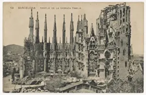 Print of Barcelona's Sagrada Familia under construction circa 1910