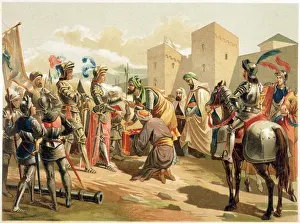 Print of Spanish monarchs receiving keys from Boabdil, Granada 1492