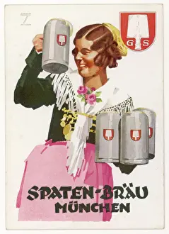 Prints of A waitress brings four seidels of frothy Spaten-Brau Germany Prints: Spaten Brau Print: A Waitress with Four Seidels
