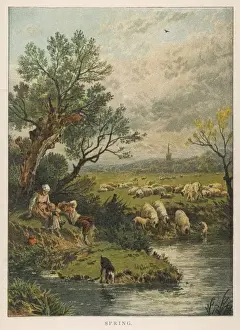 Spring Landscape Painting Prints: Spring / Sheep / River 1881