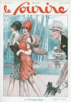 Print of Two French Women Walking Their Dog
