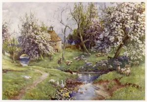 Spring Prints: English Countryside Print: Geese and Sheep by a Spring Stream
