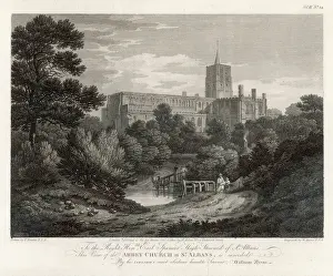 Prints of St Albans Cathedral, Hertfordshire. The Abbey was founded in 793 by Offa, King of Mercia, supposedly on the site of the martyrdom of St Alban in A.D. 303 Hertfordshire Prints: Print of St Albans Cathedral, Hertfordshire 1802