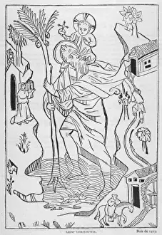 Saint Christopher Print - Woodcut of a man carrying a child across water
