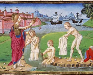 Renaissance Religious Artworks Prints: St. John the Baptist baptizing in the Jordan River. Codex of