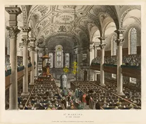 Prints of To hear a popular preacher in St Martins, Trafalgar Square, the congregation fill not only the box pews but also the galleries and theres standing room only in the aisle Trafalgar Square Prints: Print of St Martin's in the Fields, Trafalgar Square