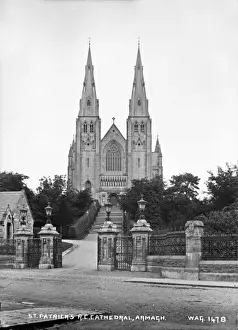 Prints of St. Patricks R.C. Cathedral, Armagh - a front view of the Cathedral taken from the front gates. (Location: Northern Ireland: County Armagh: Armagh). Date: circa early 1900s Armagh Prints: Early 20th Century Print of Armagh Cathedral