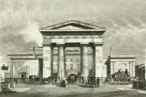 Prints of Euston- Station, London serving the London and North-Western Railway. The Euston Arch, built in 1837, was the original entrance to the station, facing onto Drummond Street. It was demolished in 1961 Victorian Architecture Prints: Euston Station Print, London 1858