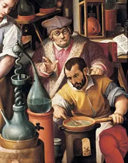 Prints of STRADANO, Giovanni (1523-1605). The Laboratory of Alchemy. ca. 1570. Lower right detail. Wolrk located at the Francis Is chamber.. Renaissance art. Cinquecento. Painting. ITALY. TUSCANY. Florence Giovanni Stradano Prints: Giovanni Stradano's The Laboratory of Alchemy Print, 1570