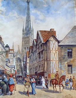 Street scene in Rouen 1916 with Cathedral in the background Street scene in Rouen 1916 with Cathedral in the background