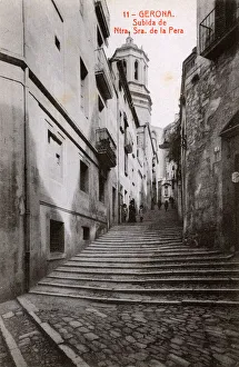 Street of steps with church, Girona, Catalonia, Spain Street of steps with church, Girona, Catalonia, Spain