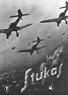 Prints of Junkers JU-87 Stuka dive- bombers featured in an advertisement exploiting their sinister shape and fearsome reputation Date: February 1941 World War I Prints: The Stuka Advertised: Junkers JU-87 Dive-bombers Print, 1941