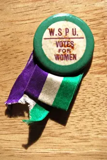 Suffragette Prints: Suffragette W.S.P.U. Badge and Ribbon Print, circa 1908