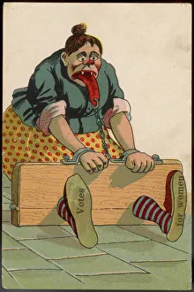 Suffragette woman in the stocks, unsympathetic cartoon Suffragette woman in the stocks, unsympathetic cartoon