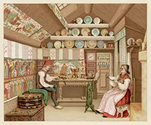 Prints of Swedish peasant interior, with tapestries, ornamental crockery, decorated chests, a loom, a grandfather clock and a cat Sweden Prints: Swedish Peasant Interior Print