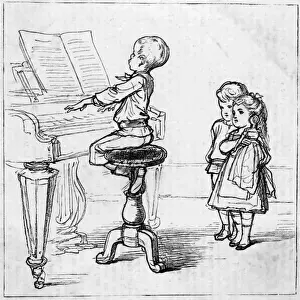 1875 Print: Boy Plays Piano Surrounded by Admiring Children