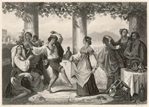 Prints of A couple dance the Tarantella accompanied by a lute and tambourines underneath a shady roof of vines Dance Prints: Tarantella Print: Italian Couple Dancing Under Vines