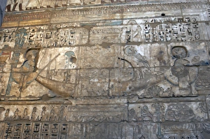 Temple of Ramses III. Sacred solar boat procession. Relief Temple of Ramses III. Sacred solar boat procession. Relief