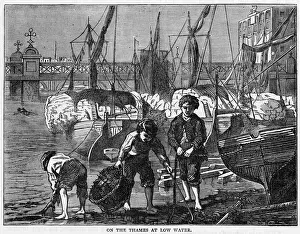 Prints of Barefoot mudlarks scavenging in the Thames at low water River Prints: Thames Mudlarks Print: Scavenging in the Thames at Low Water