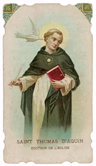 Prints of The theologian receives dictation from the Holy Spirit, in the form of a dove, whispering in his ear, which he will later transcribe into his book Related Prints: Thomas Aquinas Print: Theologian Receives Divine Inspiration