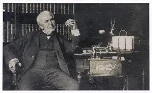 Prints of THOMAS ALVA EDISON American inventor with his Edison Business Phonograph Thomas Edison Prints: Thomas Edison with Edison Business Phonograph Print
