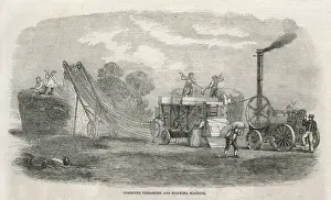 Prints of Combined Thrashing and Stacking Machine, by Wilkinson, Wright of Boston, Lincolnshire Lincolnshire Prints: Threshing Machine Combined Thrashing and Stacking Print