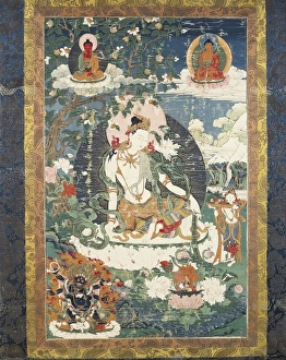 Tibetan tanka with an illustration of a relaxed Tibetan tanka with an illustration of a relaxed